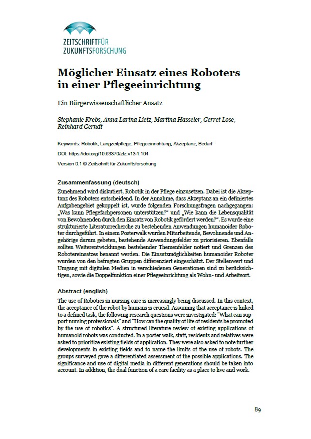 Cover zum Beitrag von Krebs et al. "Möglicher Einsatz eines Roboters in einer Pflegeeinrichtung"