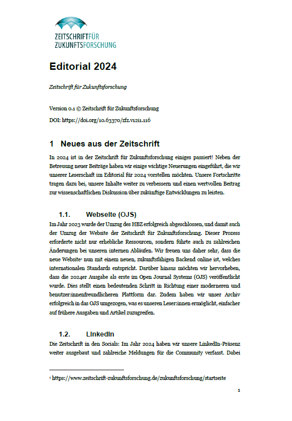 Das Bild zeigt die erste Seite des Editorials der 2024er Ausgabe der Zeitschrift für Zukunftsforschung