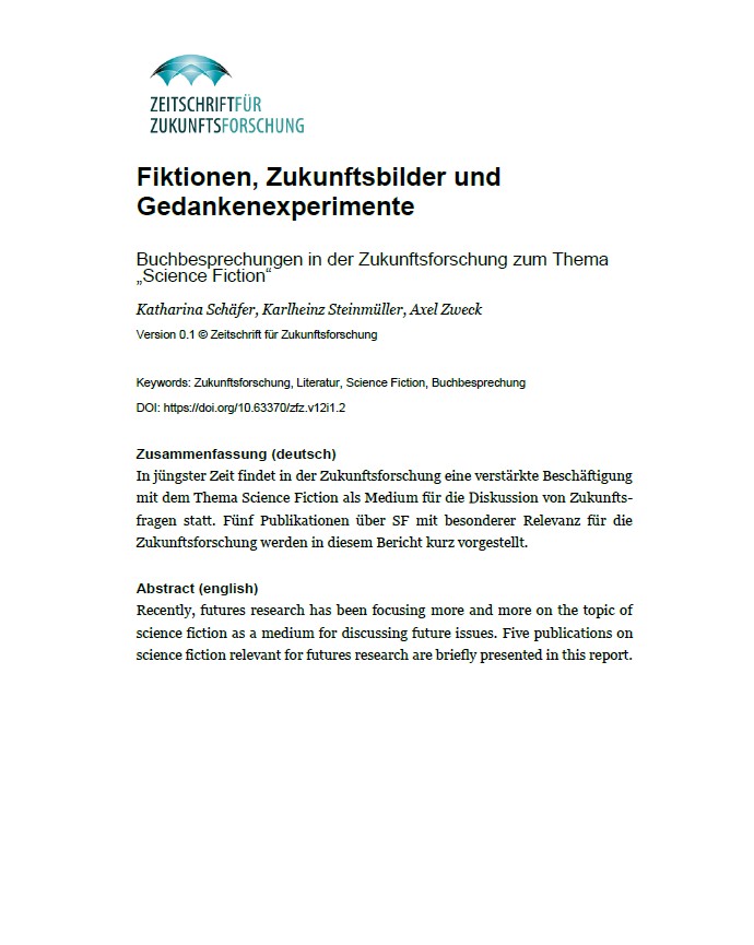 Cover der Buchbesprechung 2024 "Fiktionen, Zukunftsbilder und Gedankenexperimente" von Schäfer et al.