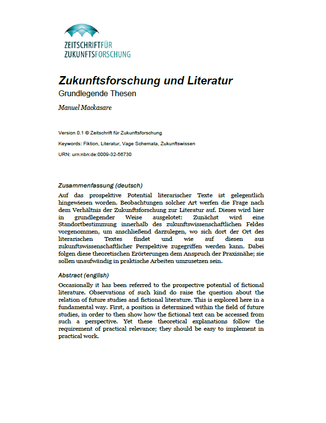 Titelblatt des Beitrag "Zukunftsforschung und Literatur"